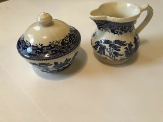 Blue Willow Sugar Bowl With Lid And Creamer Set Churchill England