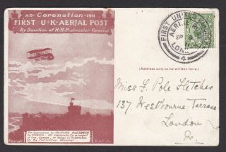Gb Great Britain Kgv 1911 1st Uk Aerial Post Sepia Postcard