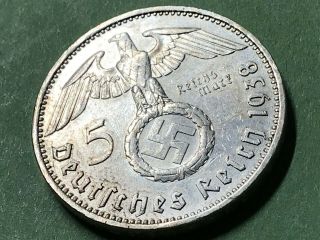 5 Reichsmark 1938 F Nazi Coins Third Reich 900 Silver Ag
