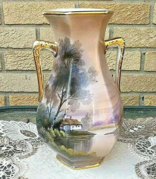 Vintage Noritake Hand Painted Double Handled Vase Beige Gold Trim Lake Cottage