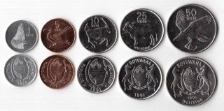 Botswana - 5 Dif Unc Coins Set: 1 - 50 Thebe 1981 - 1996 Years Buffalo Eagle Birds