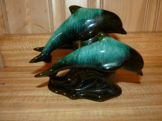 Blue Mountain Pottery Green & Black Glazed 3 Leaping Dolphins 7.  5 X 6 X 6 Exc
