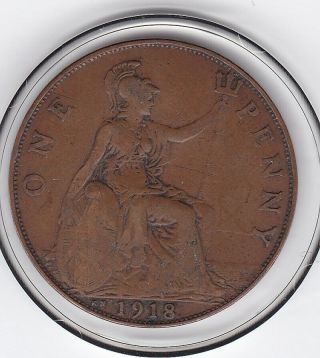Scarce 1918 Kn King George V Large Penny Bronze Coin