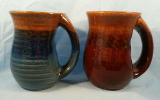 Set Of 2 Coffee Tea Cocoa Mugs Artisan Handcrafted Pottery Blues Browns Unique