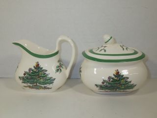 VINTAGE SPODE CHRISTMAS TREE PATTERN CREAM AND SUGAR SET MADE IN ENGLAND EX CND 2