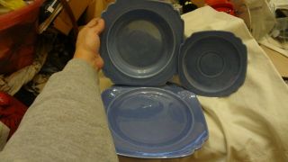 3 Vintage Homer Laughlin Riviera Fiesta Mauve Blue Plate & Saucer & 8 " Soup Bowl