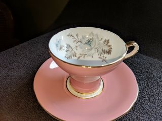 Aynsley Tea Cup And Saucer Pink Gold Trimmed White Floral Inside.  Bone China