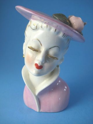 Vintage Small Lady Head Vase 4.  25 " Pink Dress And Hat With Applied Flower Japan