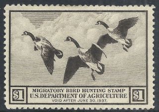 U.  S.  Scott Rw3 Mh Vf - 1936 $1 Brown Black Federal Duck Stamp Issue