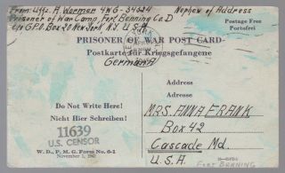 1945 Fort Benning Georgia Usa German Pow Camp Postcard Cover To Us