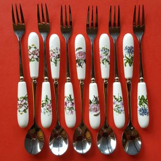 Portmeirion Botanic Garden Steel & Porcelain 6 " Utensils: 5 Teaspoons,  6 Forks