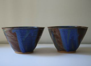 Set 2 Blue Pottery Bowls Artisan Handmade Stoneware Soup Cereal Small Studio