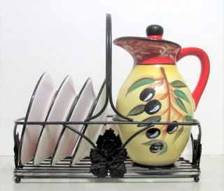 Kate Mcrostie Certified Intl.  Hand Painted Olive Oil Set Pitcher 4 Dishes Holder