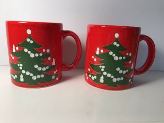 2 Vintage Waechtersbach Red Mug Christmas Tree West Germany Set Of Coffee Cups