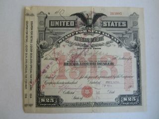 Old 1913 - U.  S.  Internal Revenue - Special Tax Stamp - Retail Liquor Dealer
