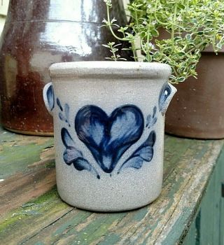Small Stoneware Rowe Pottery Two Handled Crock With Blue Heart Design.  1995