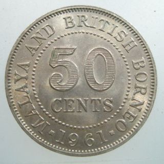 Malaya & British Borneo 50 Cents 1961 Elizabeth Ii Malaysia Singapore 10 Coin