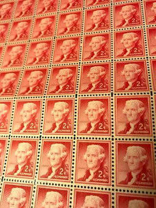 Scott 1033 1954 Us Stamp Postage Sheet Of (100) Thomas Jefferson Ng Nh F