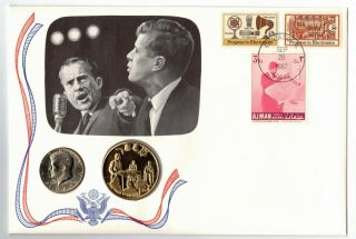 Us & Ajman Stamps Kennedy Nixon Coin Cover 1980d Half Dollar & Debates Medal
