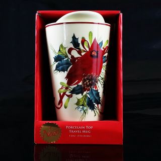 Lenox Travel Mug Winter Greeting Porcelain Top Cup,  Cardinal,  Red Bird Holiday