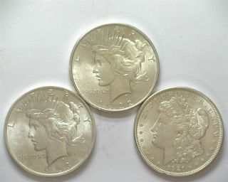 1921 Morgan & 1922,  1923 Peace Silver Dollar All 3 Are Brilliant Unc