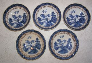 Set Of 5 Booths Real Old Willow Blue Fruit Dessert Sauce Bowls 5.  25 " - England
