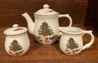 Vitromaster Stoneware Christmas Tree Tea Pot W/ Cream & Sugar Set