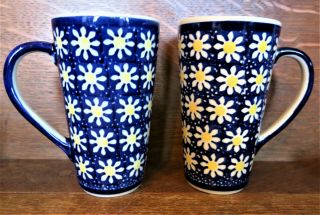 Polish Pottery Boleslawiec Coffee Mugs Cobalt Blue Yellow Daisy Flowers Set Of 2