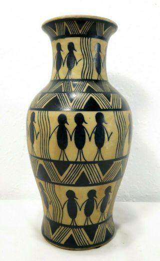 Vtg Mid Century Modernist Hand Painted Ceramic Pottery Art Vase Tribal Greek