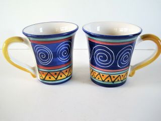 2 Italian Swirl Pier 1 Coffee Mugs,  Cobalt Blue Decor Hand Painted