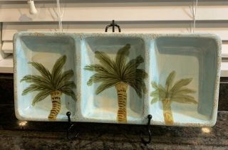 Tabletops Gallery Baja Palm Tree Rectangular Serving Tray Plate Aqua Tropical