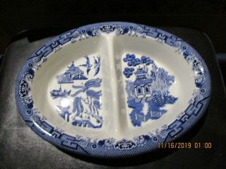 Churchill Blue Willow Oval Divided Serving Dish Bowl