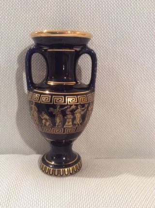 Vintage Stunning Vase Hand Made In Greece 24k Gold Cobalt Blue Art Pottery 5 7/8