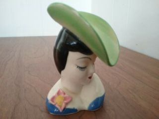 Vintage Japan Made Dark Haired Girl Lady Head Green Hat Flower Vase Hand Painted
