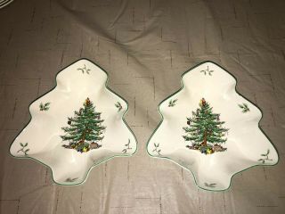 2 Spode Christmas Tree Shaped Dish Green Trim England 8 1/4” S3324 1938 Style