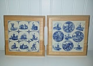2× Pair Vintage Handpainted Holland Blue Delft Tile Trivet Windmills Hot Plate