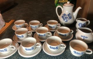 Pfaltzgraff Yorktowne Tea Set Off White Blue Pot Cups Plates Sugar Bowl Creamer