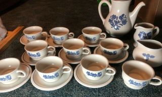 Pfaltzgraff Yorktowne Tea Set Off White Blue Pot Cups Plates Sugar Bowl Creamer 3