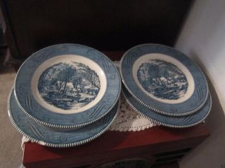 Set Of 4 Currier And Ives Dinner Plates The Old Grist Mill Blue And White 10 "