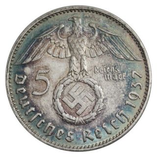 GERMANY DEUTSCHLAND 5 MARK REICHSMARK SILVER HINDENBURG KM 94 J 1937 XF 2