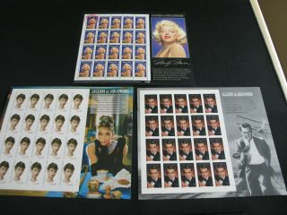 Legends Of Hollywood Stamp Sheets,  Marilyn Monroe,  Audrey Hepburn,  Cary Grant
