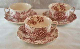 English Chippendale Flat Cups & Saucers Johnson Bros.  England Red Set Of 3