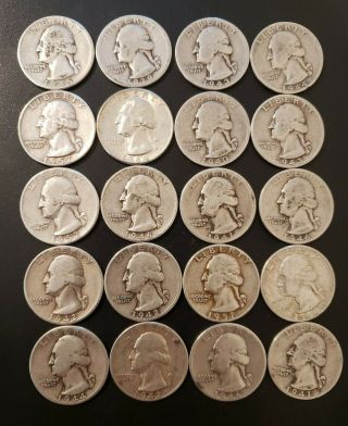(20 Coins) 90 Silver Washington Quarters.  $5.  00 Face Value Silver.