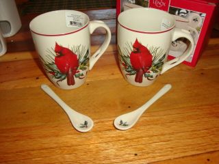 Lenox Winter Greeting Set Of 2 Coca Mugs & 2 Spoons Box Stunning Red Cardinal