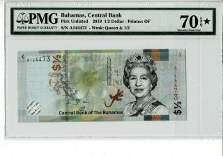 Bahamas 2019 1/2 Dollars Prefix A Pmg 70 Epq Seventy Gem Unc Star Finest Grade