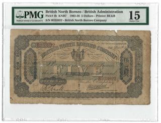 1922 British North Borneo 5 Dollars,  Pmg 15 Ch.  Fine,  P - 4b,  Scarce,  Large Type