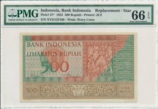 Bank Indonesia Indonesia 500 Rupiah 1952 Replacement/star Pmg 66epq
