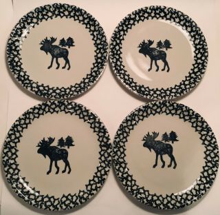 Folk Craft Moose Country 4 Dinner Plates Green Sponge On Creamy White Stoneware