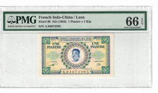 French Indochina / Laos 1 Piastres = 1 Kip 1953 Pick 99 Pmg:66 Epq (1386)