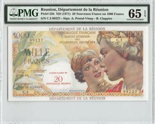 Reunion Nd (1971) P - 55b Pmg Gem Unc 65 Epq 20 Nouveaux Francs On 1000 Francs